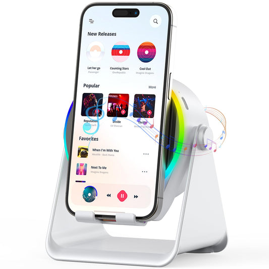 Wireless Induction Speaker- 4 in1 Bluetooth Speaker Phone Stand with Colorful Ambient Light 360° Rotation Compatible with iPhone/Android/iPad/Samsung Galaxy- Unique Birthday Gift for Men Women Adults