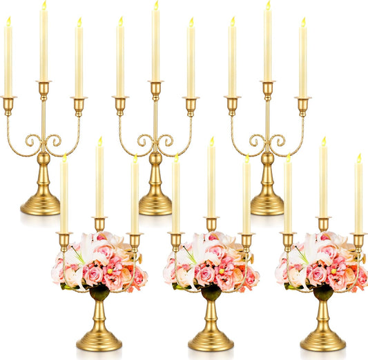Hushee 6 Pcs Gold Candelabra Candle Stand Metal Candlestick Holder 3 Arm 12" Wedding Candlestick Holder for Theme Party Table Centerpieces Wedding Holiday Birthday Party