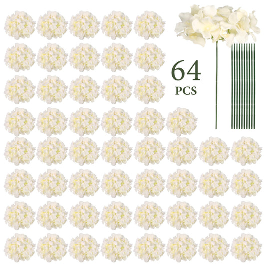 Artificial Hydrangea Flowers, Silk Hydrangea Full Flowers Heads with Stems - 64 PCS