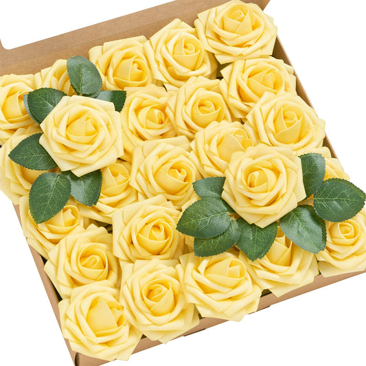 Ling's Moment Artificial Flowers 25Pcs Ivory Roses Decor w/Stems,3" Real Touch DIY Foam Floral for Wedding Bouquet/Centerpieces, Outdoors Party Backdrop, Room/Table, and Garden/Pot Decorations