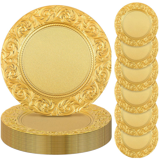 Uiifan Antique Charger Plates Bulk 13'' Plastic Embossed Dinner Plate Chargers Round Floral Plates for Wedding Decorative Chargers for Table Dinner Kitchen Party Decoration (Gold,100 Pcs)